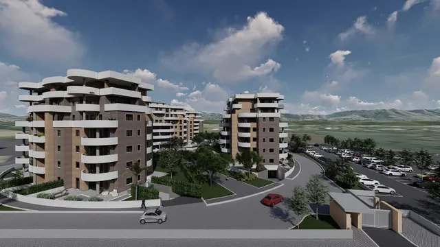 La Primula — render di progetto: gli edifici lungo la strada interna