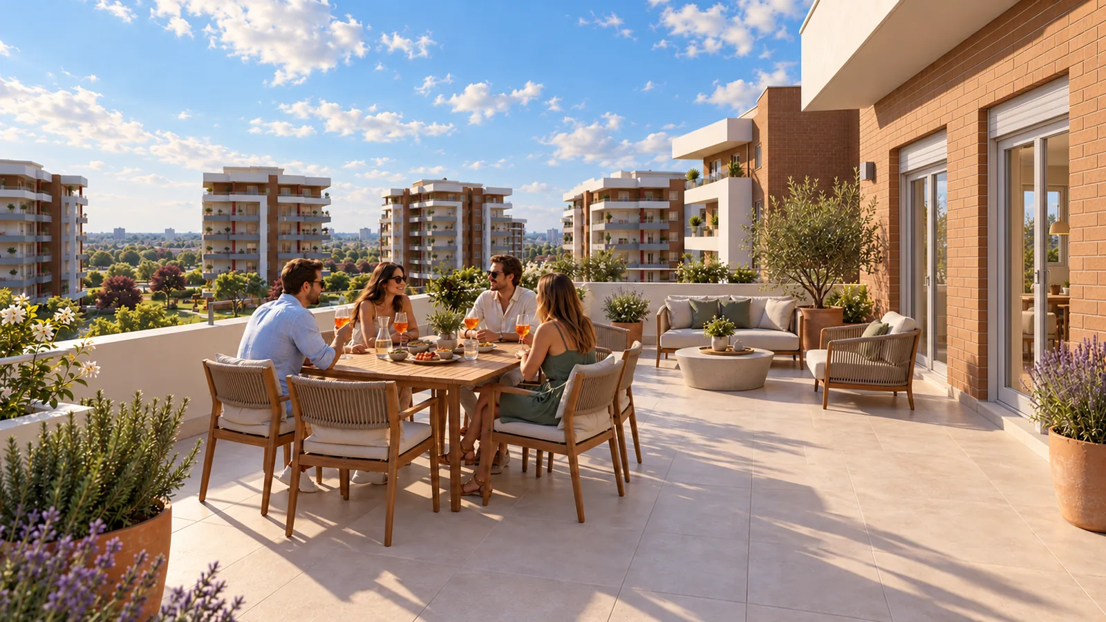 Residenze Il Centro — render del terrazzo di un attico all'ultimo piano (immagine illustrativa: arredi non inclusi)