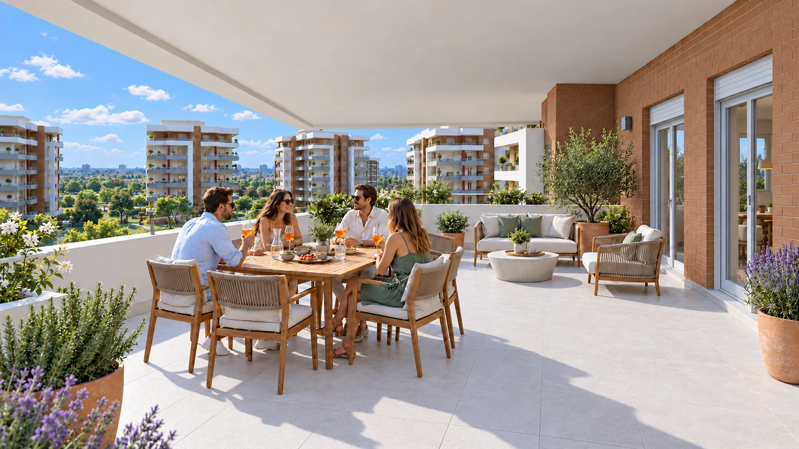 Residenze Il Centro — render del terrazzo coperto di un attico all'ultimo piano (immagine illustrativa: arredi non inclusi)