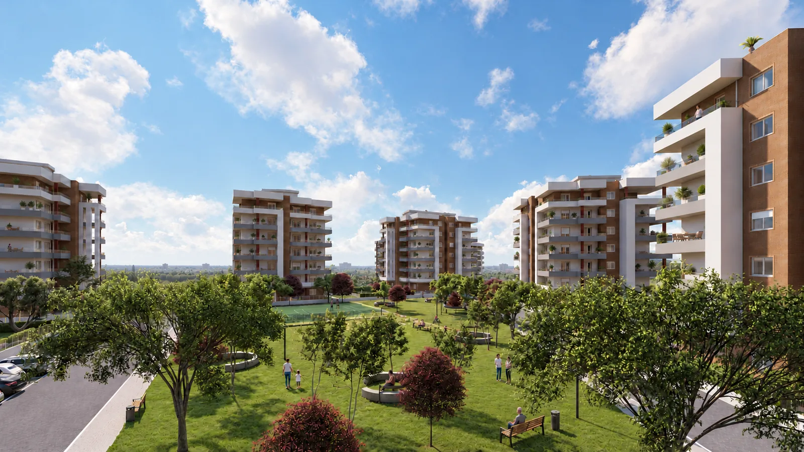 Residenze Il Centro — render del parco centrale tra gli edifici, visto dall'alto (immagine illustrativa)