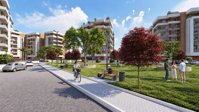 Residenze Il Centro — render del viale interno con i balconi fioriti e gli spazi comuni (immagine illustrativa: verde e arredi non inclusi)