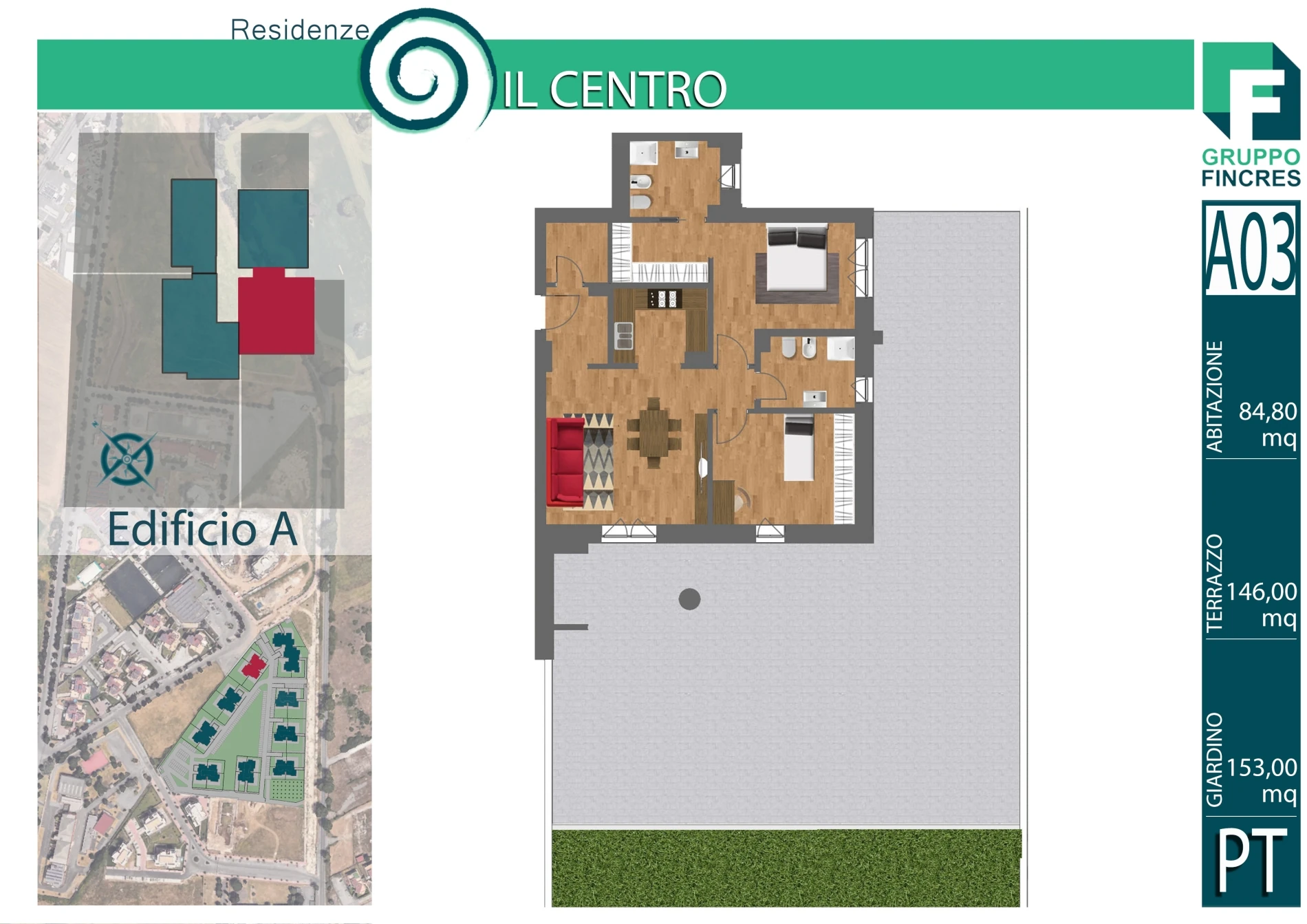 Planimetria dell'unità A3 — Trilocale, 85 m²