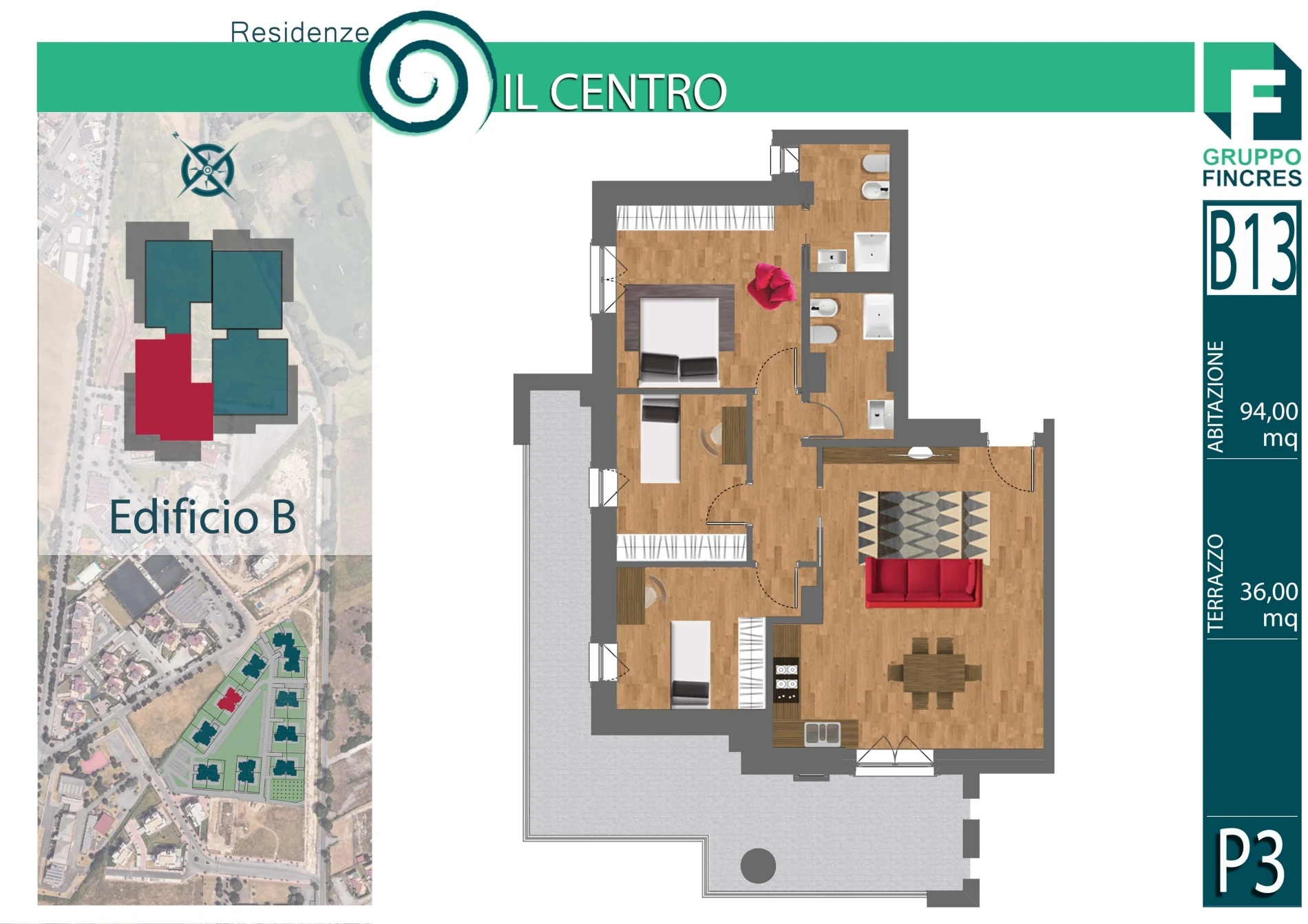 Planimetria dell'unità B13 — Quadrilocale, 94 m²