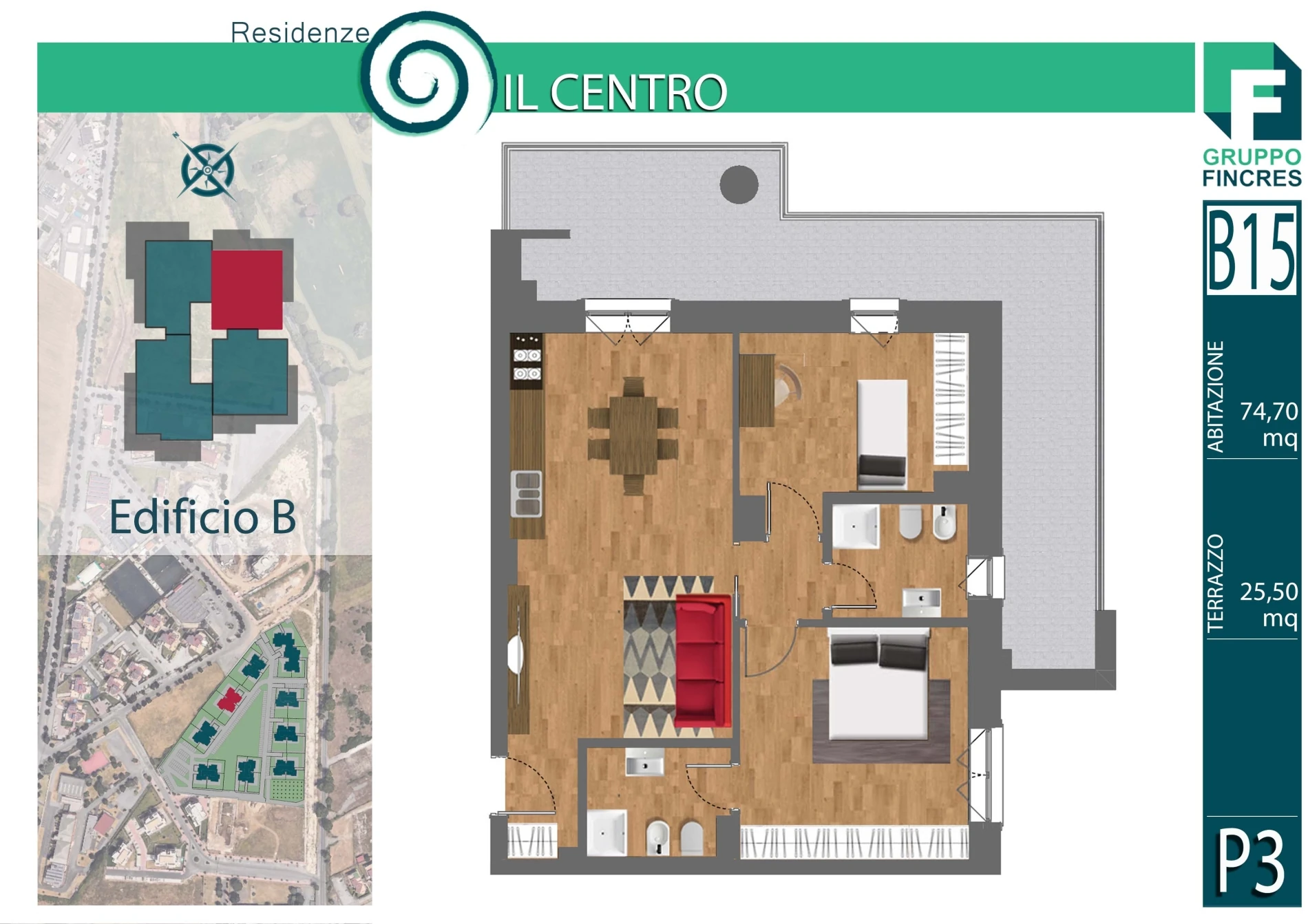 Planimetria dell'unità B15 — Trilocale, 74 m²