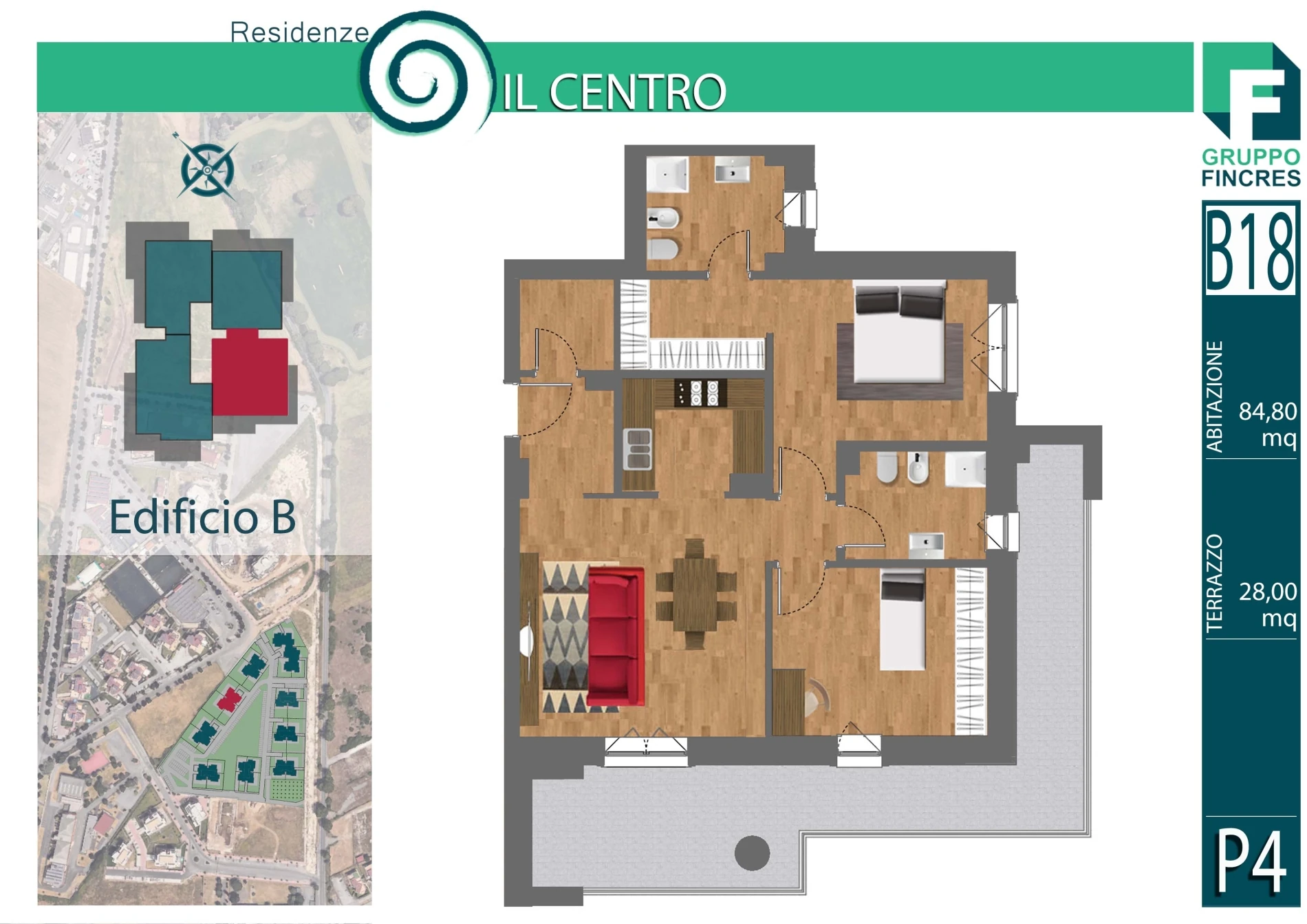 Planimetria dell'unità B18 — Trilocale, 85 m²