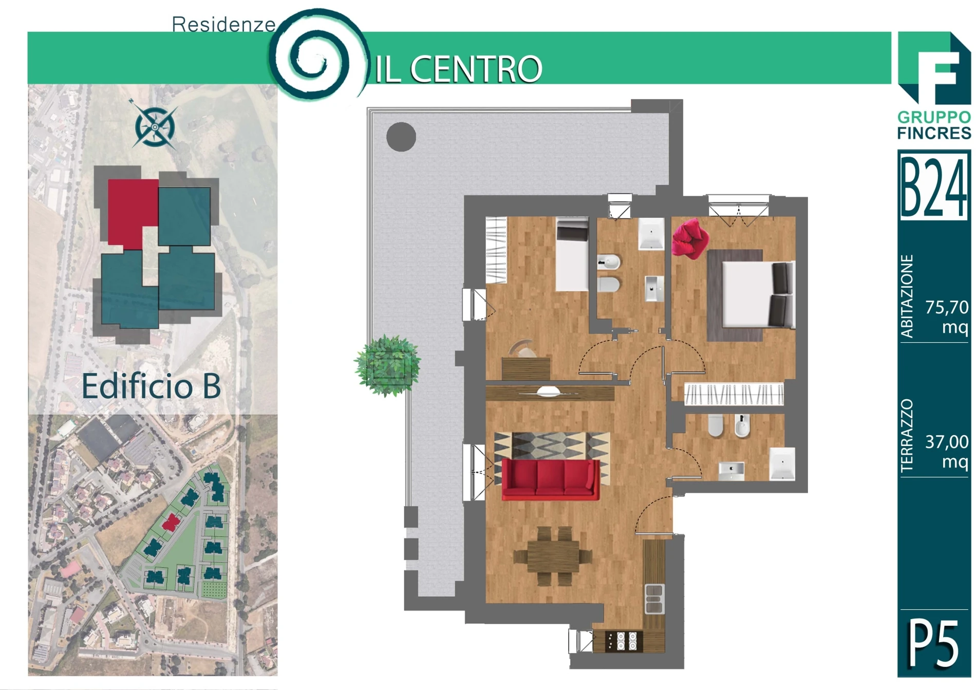 Planimetria dell'unità B24 — Trilocale, 75 m²