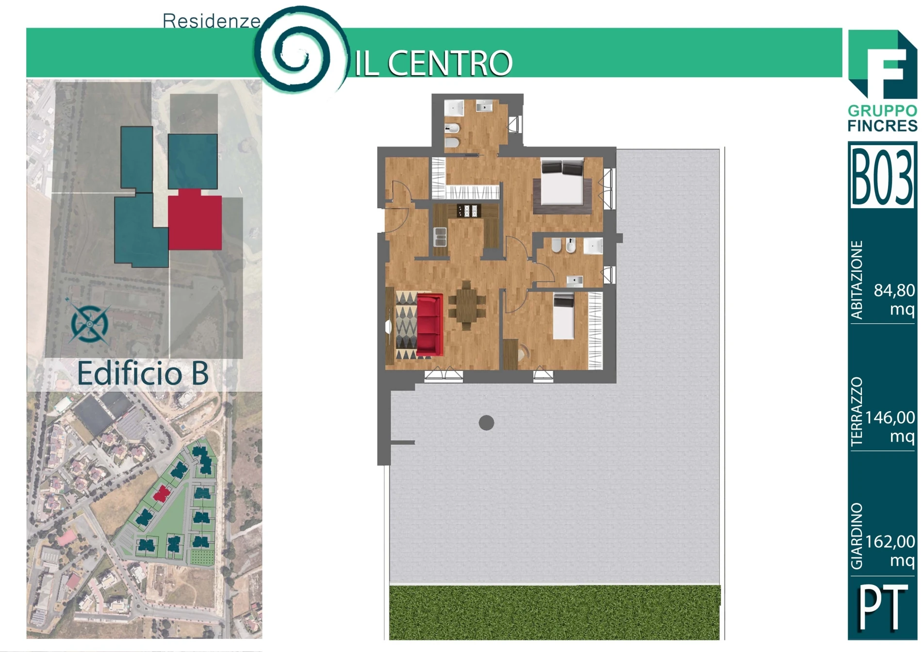 Planimetria dell'unità B3 — Trilocale, 85 m²