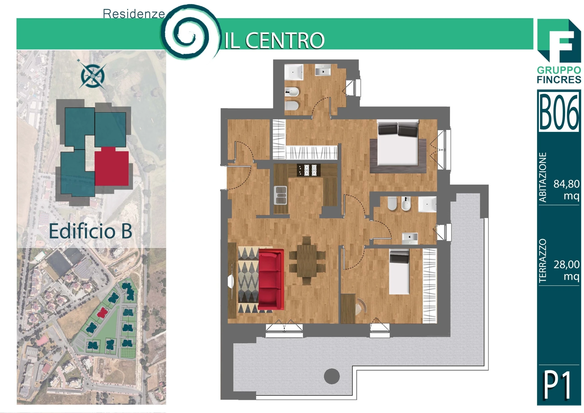 Planimetria dell'unità B6 — Trilocale, 85 m²