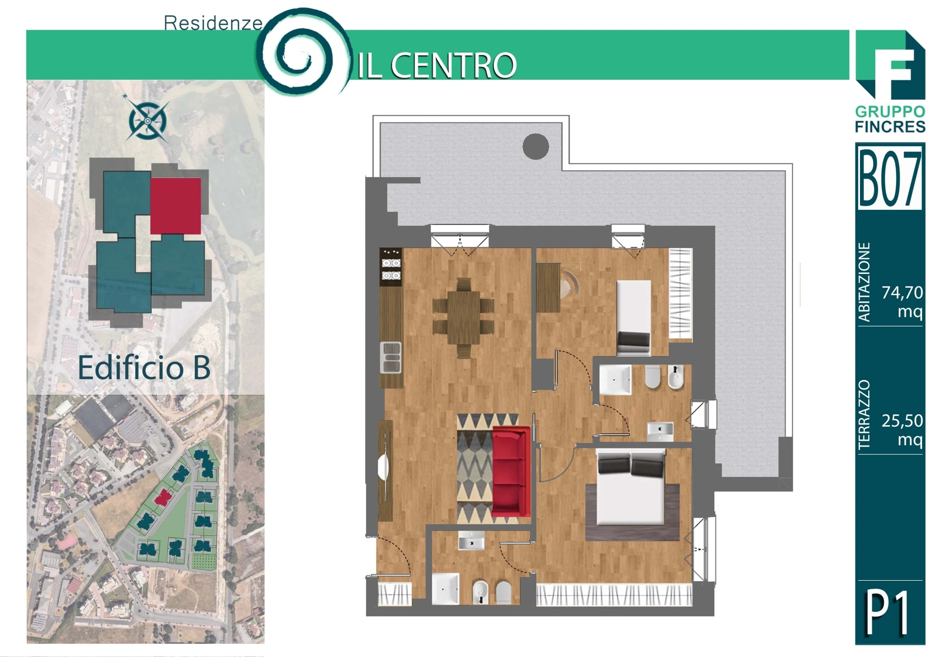 Planimetria dell'unità B7 — Trilocale, 74 m²