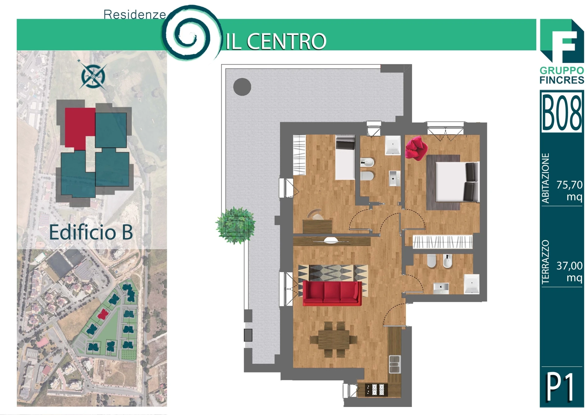 Planimetria dell'unità B8 — Trilocale, 75 m²